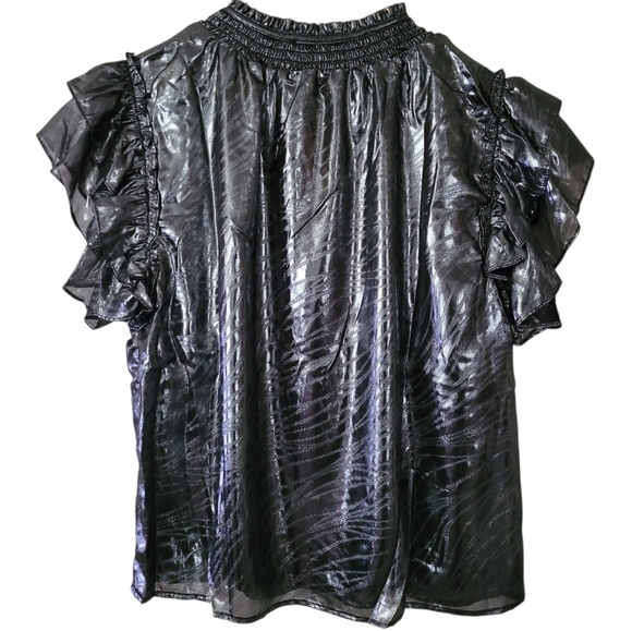RESET by Jane Sasha Shine Blouse Flutter Sleeve Black Silver Metallic New - Picture 3 of 16